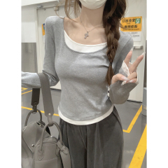 Actual shot of autumn and winter Korean style slim-fit contrasting fake two-piece versatile pure cotton long-sleeved bottoming T-shirt tops