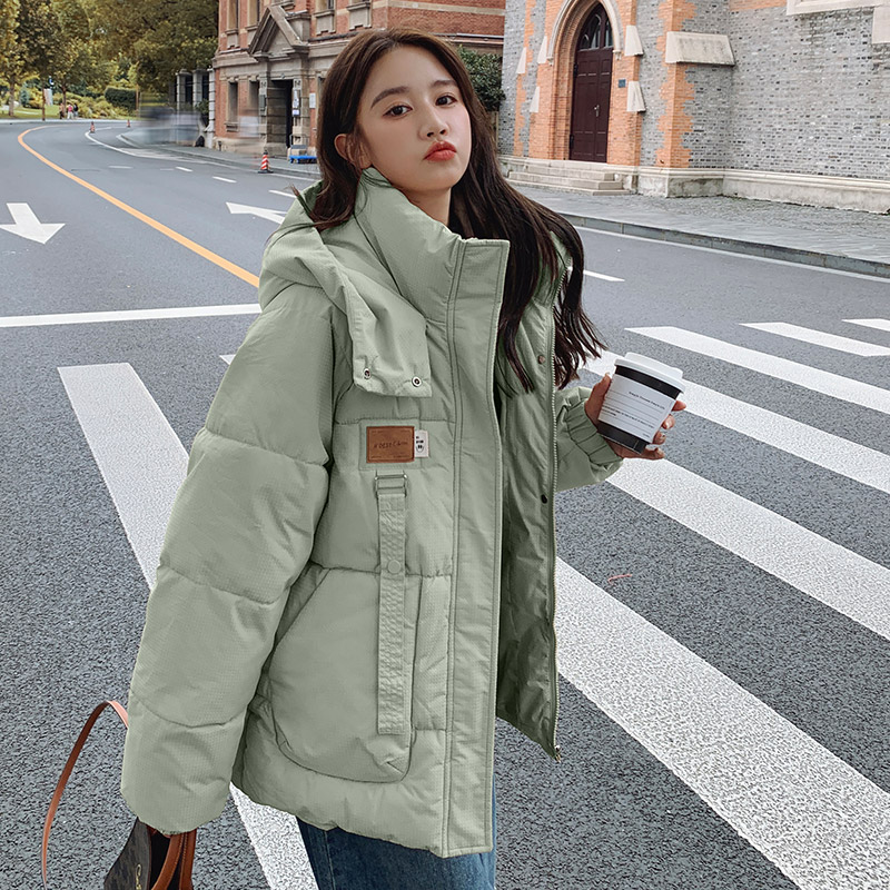 Green design down jacket for women winter 2024 new Korean style loose thickened hooded short cotton jacket trendy