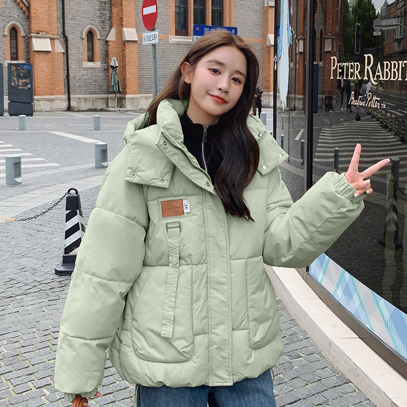 Green design down jacket for women winter 2024 new Korean style loose thickened hooded short cotton jacket trendy