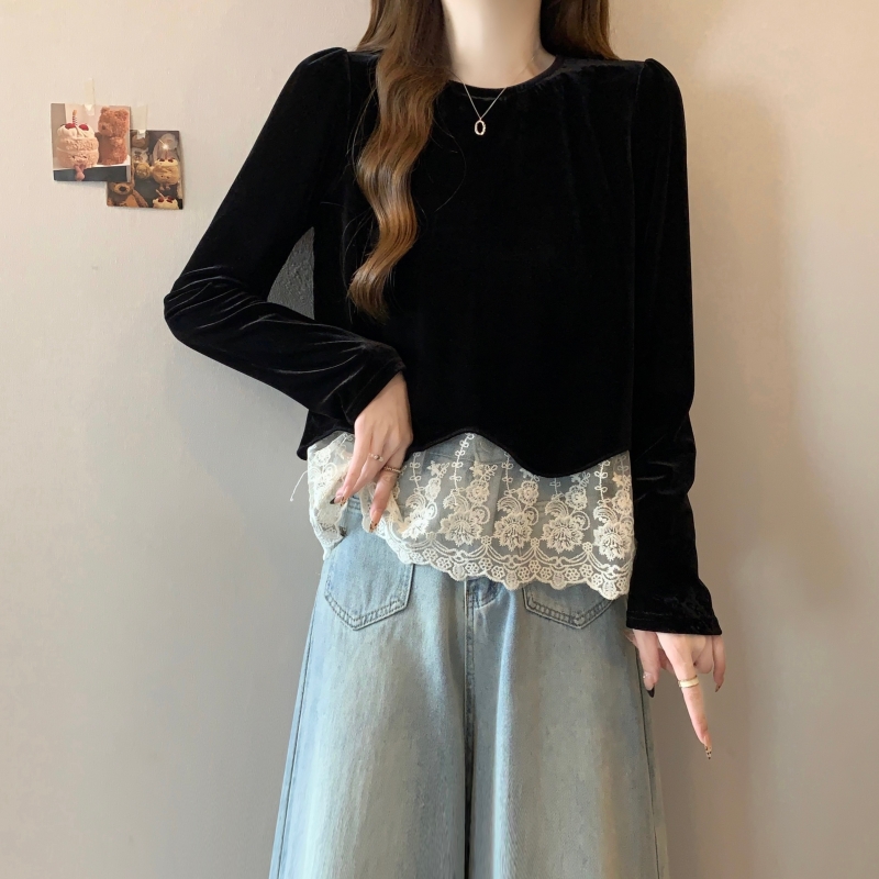 PF22564#大码胖MM秋季新款金丝绒拼接蕾丝下摆长袖套头上衣女裝貨源服裝批發