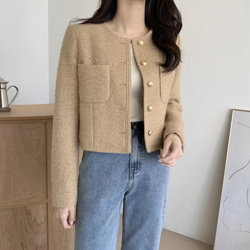 Korean chic metal single-breasted loose and versatile double-pocket long-sleeved small fragrant style jacket for women