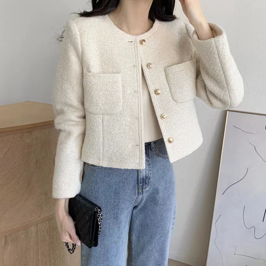 Korean chic metal single-breasted loose and versatile double-pocket long-sleeved small fragrant style jacket for women