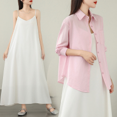 批发已出货实拍2025春装大码粉色系防晒衬衫中长款连衣裙两件套装