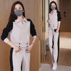 批发官图洋气翻领撞色休闲<b class='q'>运动服</b>套装女2026春季高品质时尚阔腿裤套装