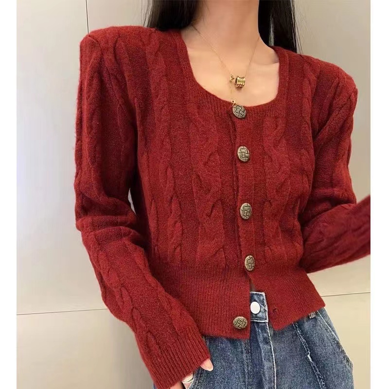 Korean style chic2024 autumn new retro button square neck sweater short cardigan women twist niche new style