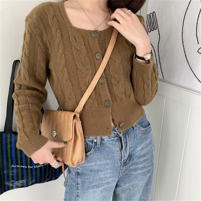 Korean style chic2024 autumn new retro button square neck sweater short cardigan women twist niche new style