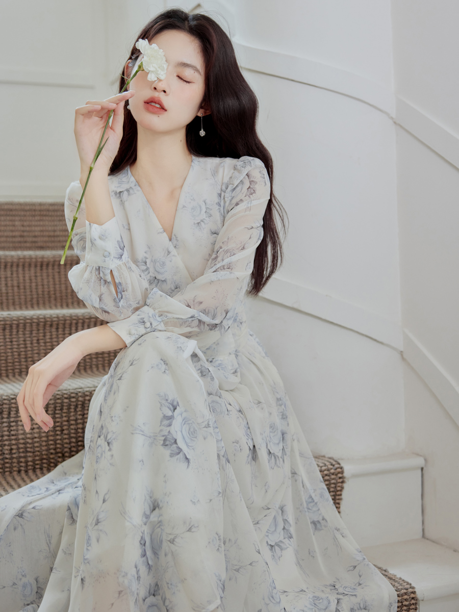 실사 작은 대중 디자인 산수 유화 레트로 프린트 허리 수축 레이스업 품격 부드러운 40