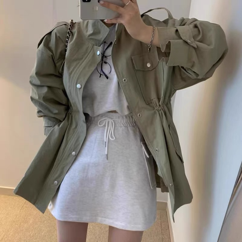 2026 가을 의상 한국 chic 품격 폴로 칼라 당겨서 사슬 어둠 버클 펌프 Pleat 허리 수축 슬림해 보이는 다용도 바람막이 여성 코트