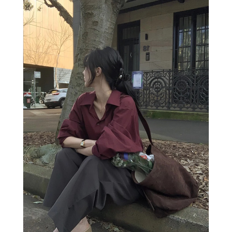 Light Mature Pure Color Long Sleeve Shirt Women's Autumn Blouse 