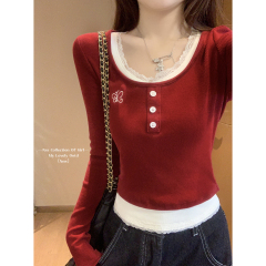 Real shot of autumn and winter Korean style contrasting color square collar lace buttons fake two-piece long-sleeved inner T-shirt top for women