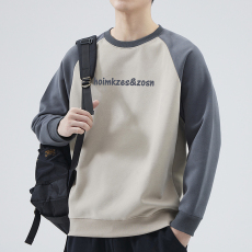 批发320G重磅卫衣男秋冬插肩撞色拼接情侣长袖圆领上衣印花长袖T恤男