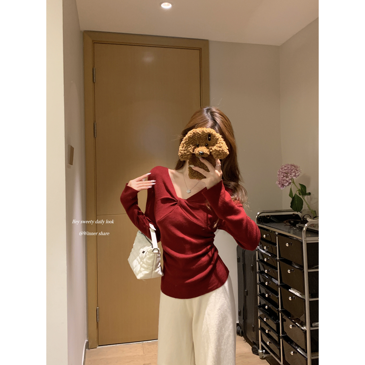 Real shot of autumn and winter Korean style v-neck gentle kink pleated slimming 6 wool knitted bottoming shirt long-sleeved top