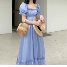 批发法式复古蓝色连衣裙小众设计后背蝴蝶结收腰宫廷风初恋复古温柔女