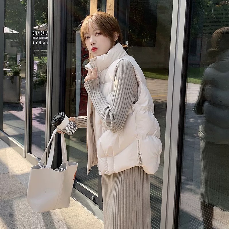 2024秋冬韓版新款純色側拉鏈寬鬆棉服無袖馬甲背心女