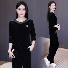批发<b class='q'>金丝</b>绒刺绣套装<b class='q'>女</b>2025秋季新款洋气显瘦圆领套头休闲直筒裤两件套