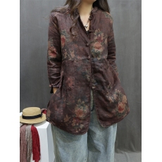 批发<b class='q'>棉麻</b>女装2025秋新款复古印花中长款宽松休闲盘扣外套