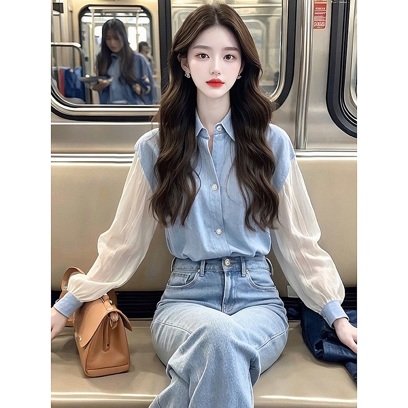 올해 인기 아름다운 작은 셔츠 프랑스식 우유 부서 부드러운 표지 배 맨위 디자인 센스 작은 대중 파란색 셔츠 봄