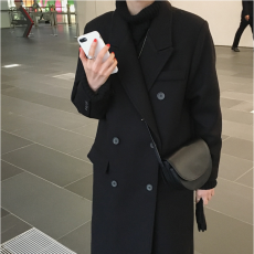 批发2025冬季新款双排扣西装领毛呢子大衣女中长款直筒黑色毛呢外套女