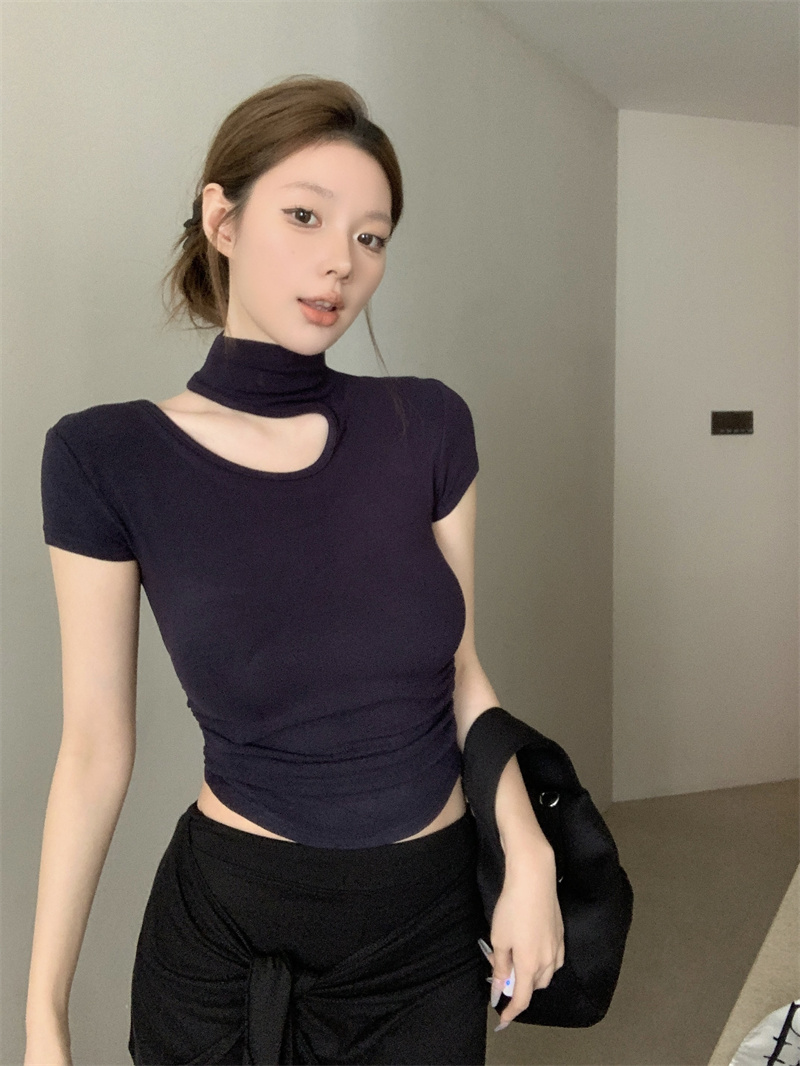 Actual shot of early autumn new half-high collar pleated slim fit and versatile design hollow short-sleeved T-shirt for women