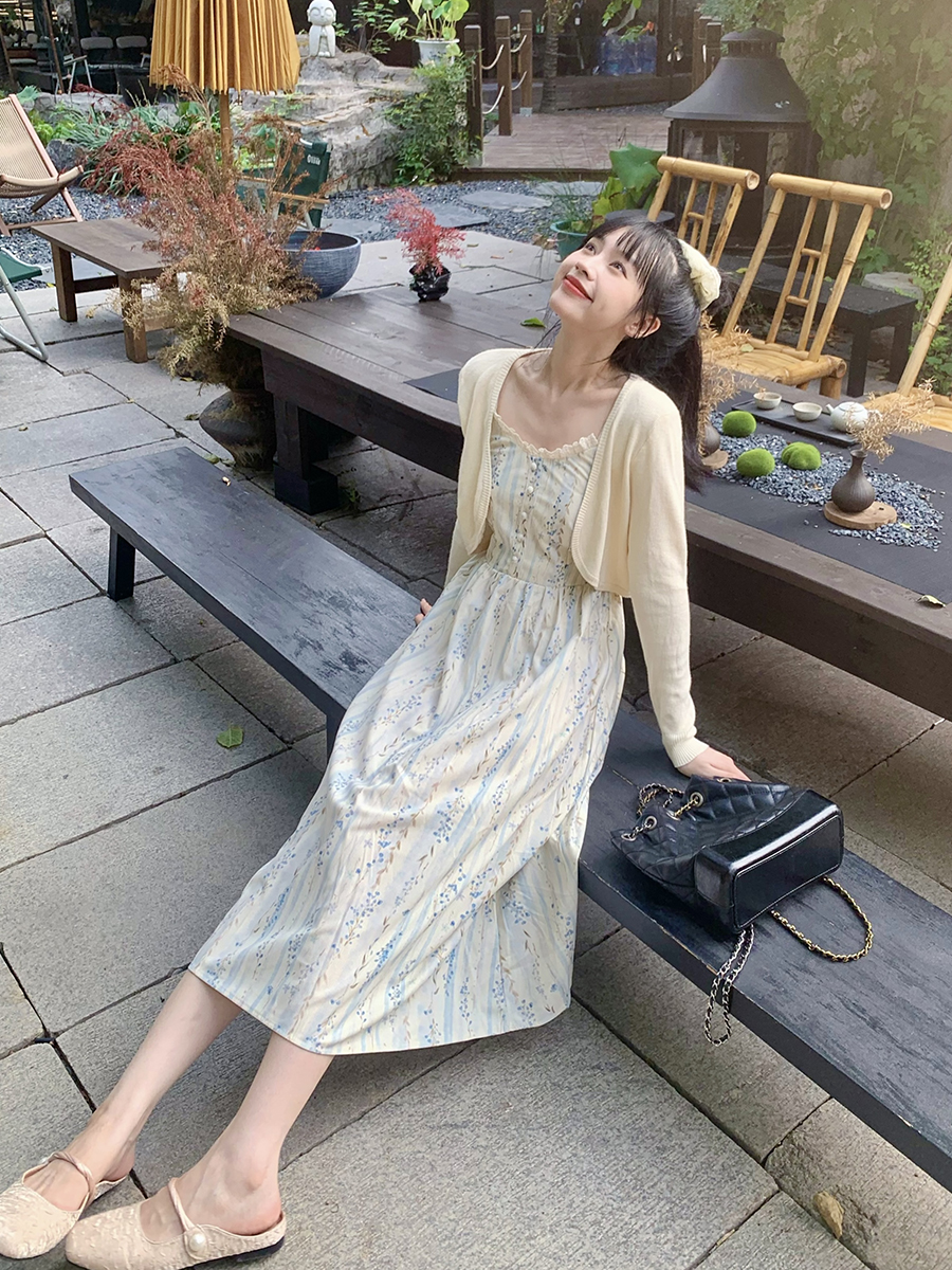 실사 부드러운 바람 봄 새로운 드레스 Chic 레이스 패치워크 디자인 작은 꽃무늬 슬립 드레스 다용도 오픈 가디건