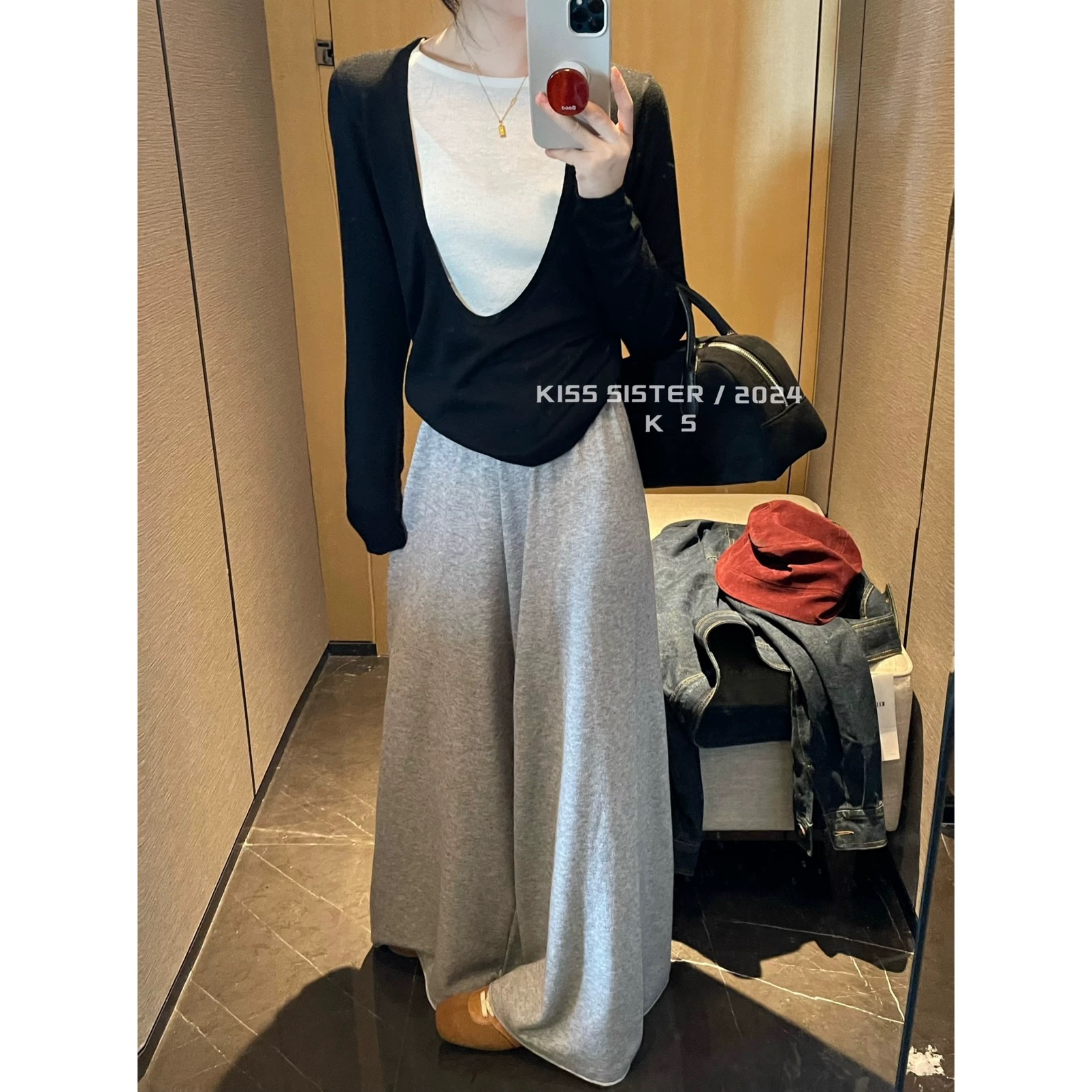 SS SISTER Korean style fashionable u-shaped collar contrasting fake two-piece slimming sweater 24M5755# OZQ