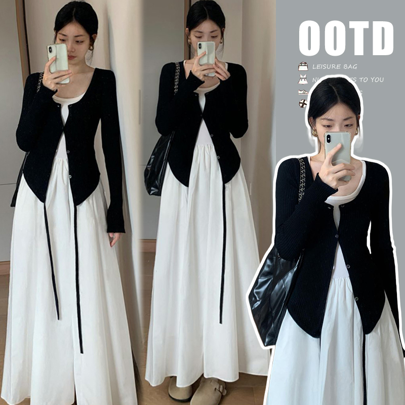 새로운 패션 리본 검정색 오픈 가디건 조끼 원피스 임산부 드레스