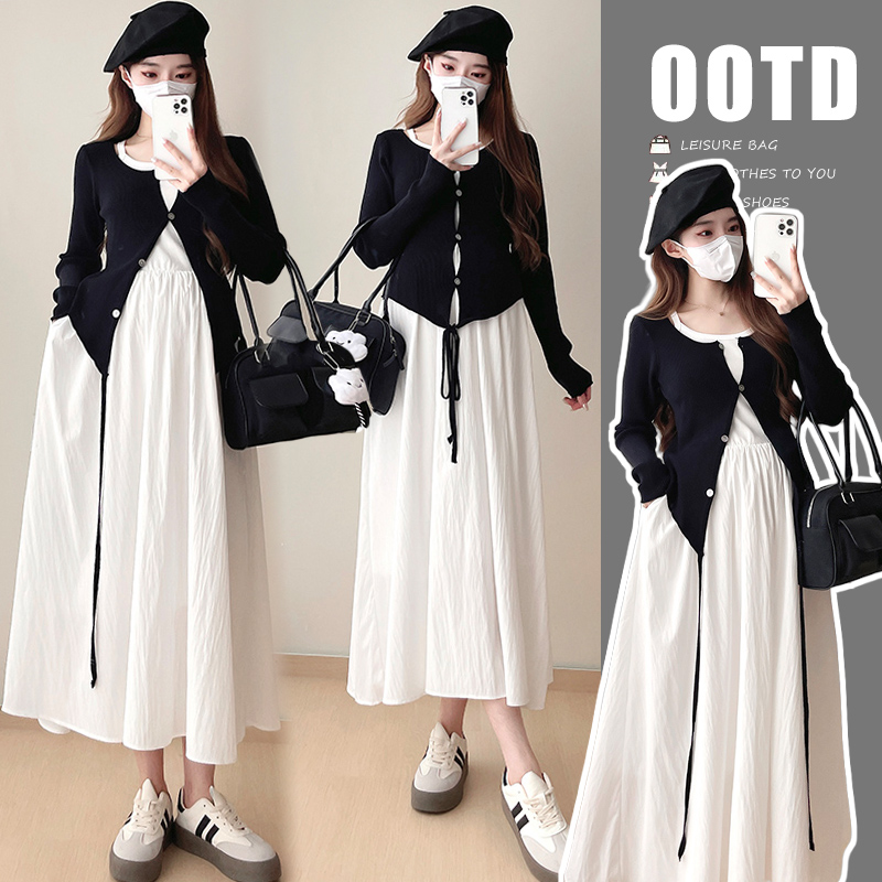 실사 가을 의상 새로운 패션 리본 검정색 오픈 가디건 조끼 원피스 임산부 드레스