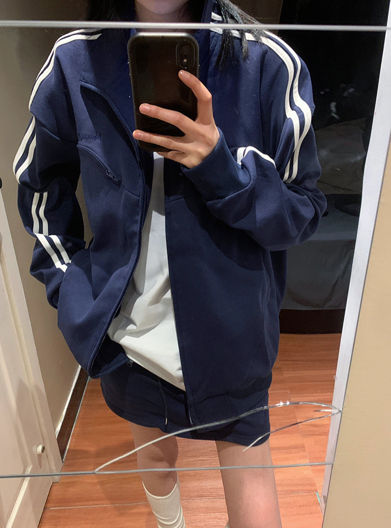 美式高街復古拼接條紋立領衛衣女春秋寬鬆高級感獨特百搭開衫外套