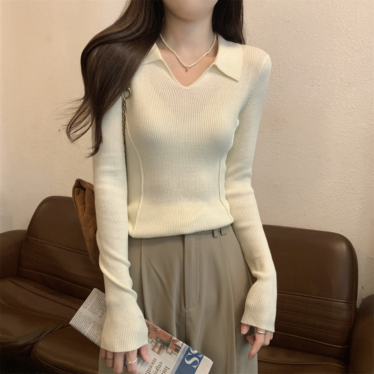 Real shot of autumn and winter Korean style polo collar, fishbone slim design, 6 wool knitted bottoming long-sleeved top