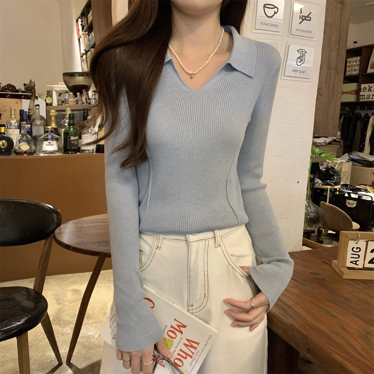 Real shot of autumn and winter Korean style polo collar, fishbone and versatile design 6 wool knitted bottoming long-sleeved top