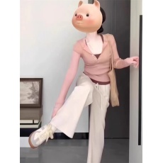 批发粉色修身v领t恤上衣女早秋chic穿搭高级感小衫内搭长袖正肩打底衫