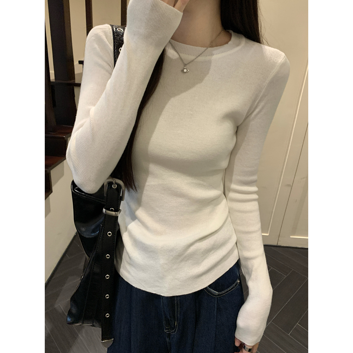 Actual shot of autumn and winter Korean style slim round neck right shoulder slim 6 wool versatile sweater long-sleeved bottoming top