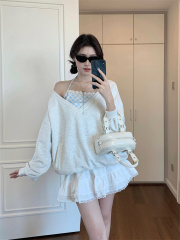 實拍 乖乖奶藍疊穿 V領衛衣格紋掛脖吊帶少女感獨特氣質套裝