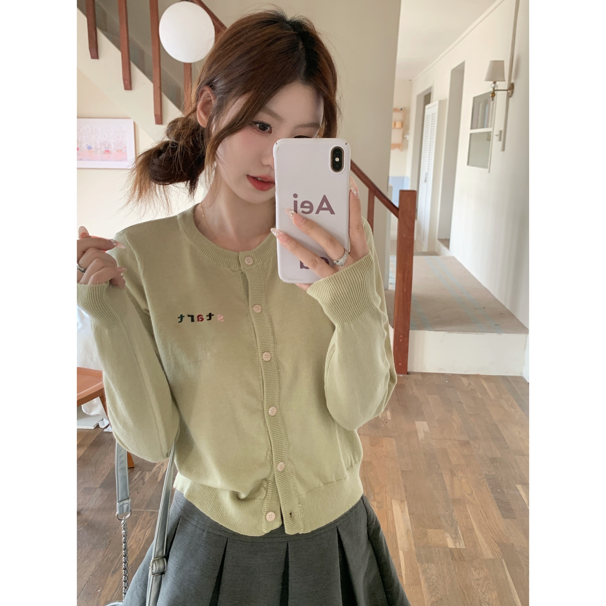 Real shot of autumn and winter Korean style round neck single-breasted letter embroidered 6 wool knitted cardigan long-sleeved jacket top