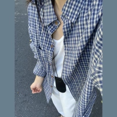 批发美式复古蓝色格子宽松<b class='q'>休闲</b>春秋外套2026新款衬衫女装百搭气质上衣