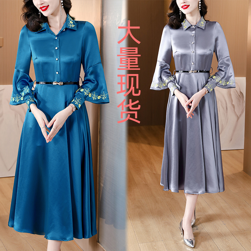 PF22580#重工刺绣缎面长袖连衣裙显瘦2024秋季洋气遮肚女装女裝貨源服裝批發