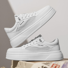 批发皮面小白鞋秋<b class='q'>冬</b>新款松紧带套脚厚底增高休闲工作百搭板鞋冷粘男鞋