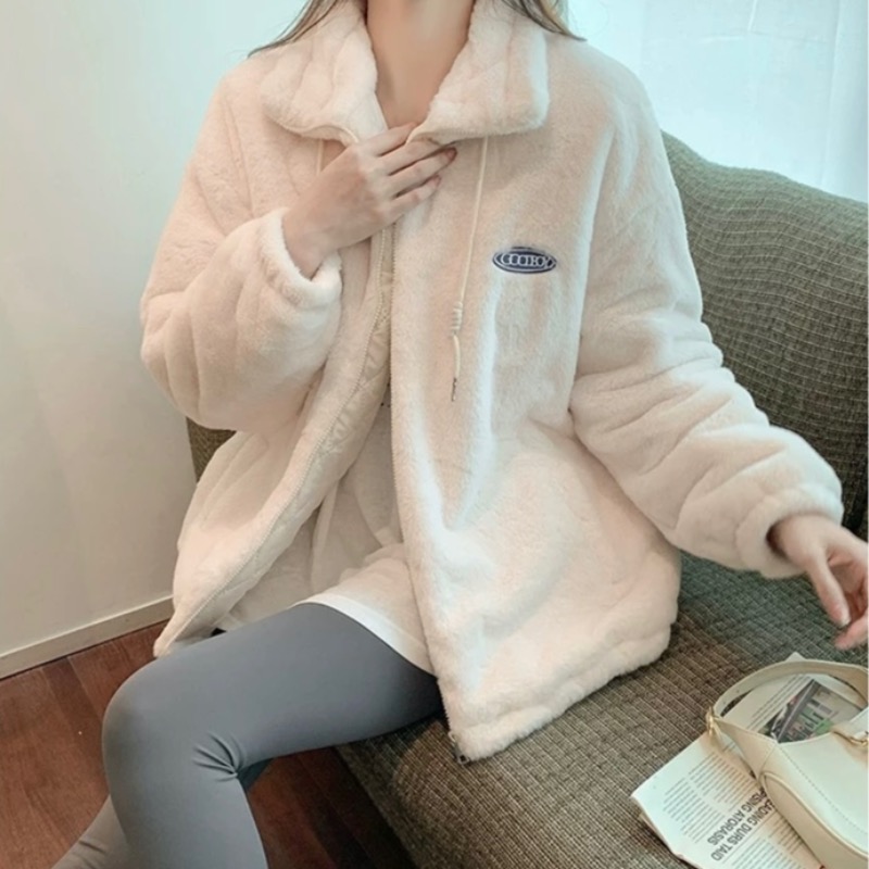 2024 loose rex rabbit fur thickened fur lamb velvet cotton coat plush off-season lazy style stand collar fur