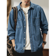 批发直播品质！牛仔衬衫复古深蓝休闲长袖衬衣男秋水洗重磅工装外套