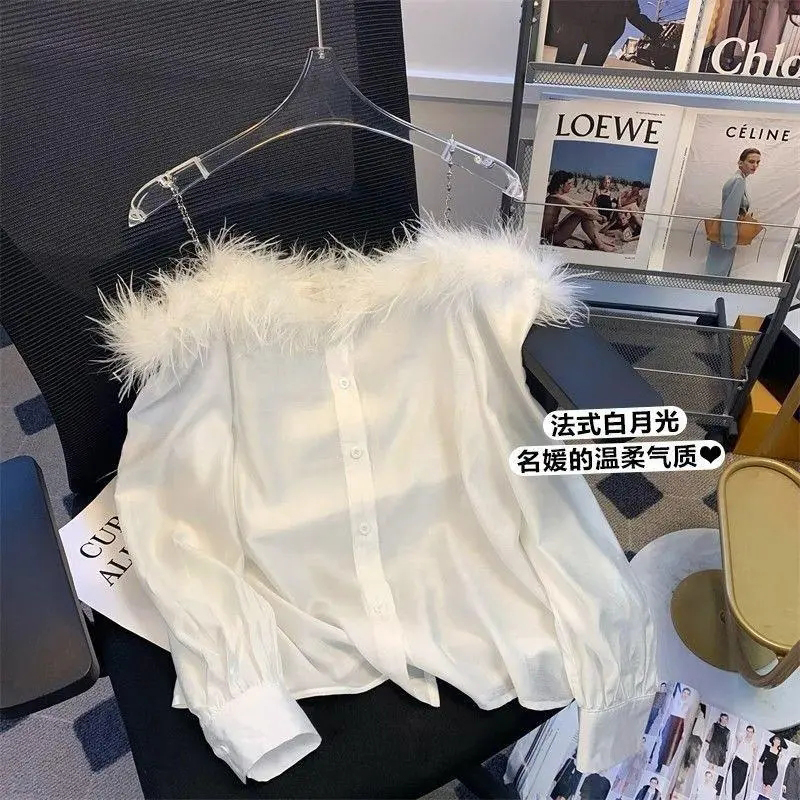 質檢官圖法式名媛羽毛吊帶襯衫女設計感防曬服超仙一字肩上衣夏裝
