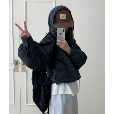 批发已出  韩版 早春休闲百搭格子连帽拉链短外套 女