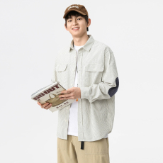 批发泡泡条面料条纹衬衫撞色拼接休闲衬衣春秋季长袖宽松男生日系2024