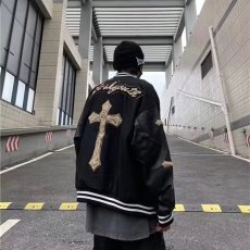 批发毛呢拼皮刺绣春秋美式高街复古十字架刺绣棒球服街头<b class='q'>嘻哈</b>夹克