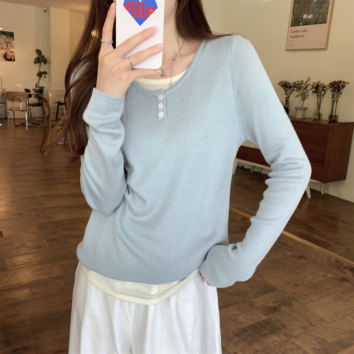 Actual shot of autumn and winter Korean style fake two-piece versatile loose 6-piece wool knitted long-sleeved bottoming top with contrasting buttons