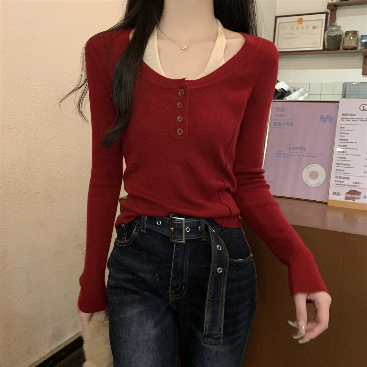 Real shot of autumn and winter Korean style temperament halterneck contrasting fake two-piece fishbone slimming 6 wool knitted bottoming top