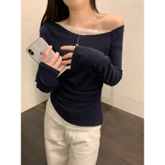 Real shot of autumn and winter Korean style temperament lace splicing off-shoulder diagonal collar irregular long-sleeved inner T-shirt top