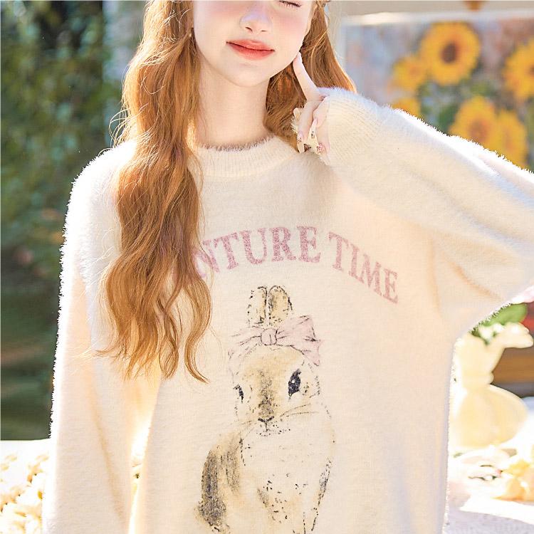 2024 Early Autumn New Women's Knitted Sweater Cartoon Rabbit Print Long-Sleeved Round Neck Knitted Sweater Lazy Style Top