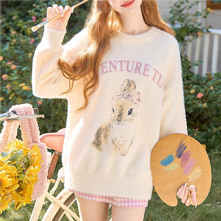 2024 Early Autumn New Women's Knitted Sweater Cartoon Rabbit Print Long-Sleeved Round Neck Knitted Sweater Lazy Style Top