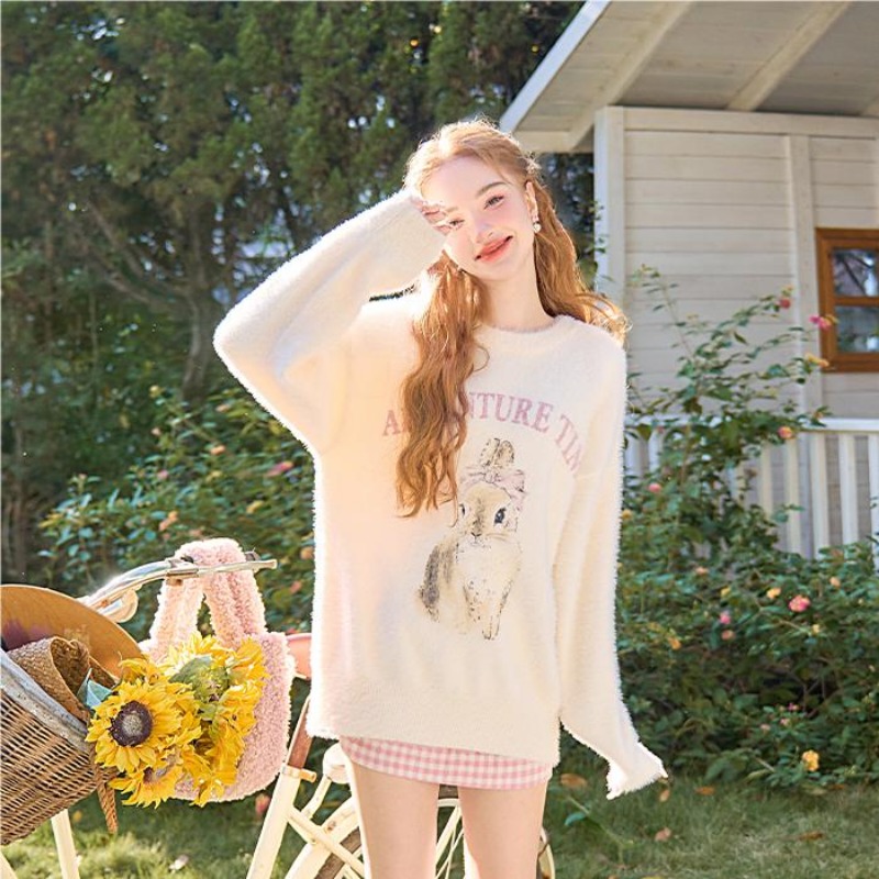 2024 Early Autumn New Women's Knitted Sweater Cartoon Rabbit Print Long-Sleeved Round Neck Knitted Sweater Lazy Style Top