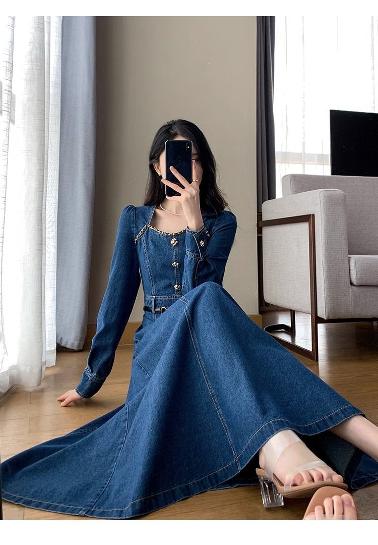 PF22530#新款法式方领长袖复古牛仔连衣裙高腰通勤显瘦长裙女女裝貨源服裝批發